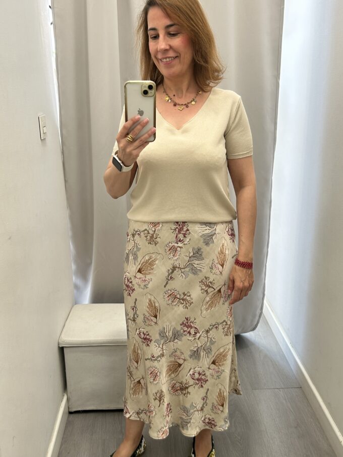 Falda Raso Flores Beige