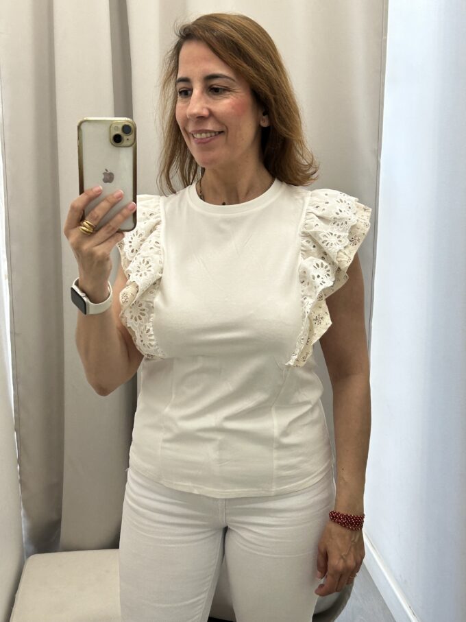 Camiseta Volante Flores Beige