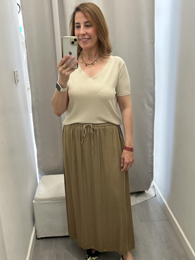 Falda Raso Bolsillos Camel