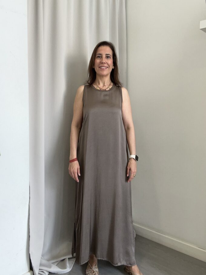 Vestido Cuello Redondo Marrón