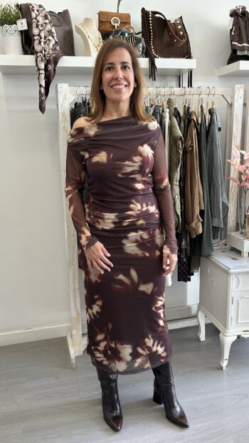 Vestido Tull Fruncido Marrón