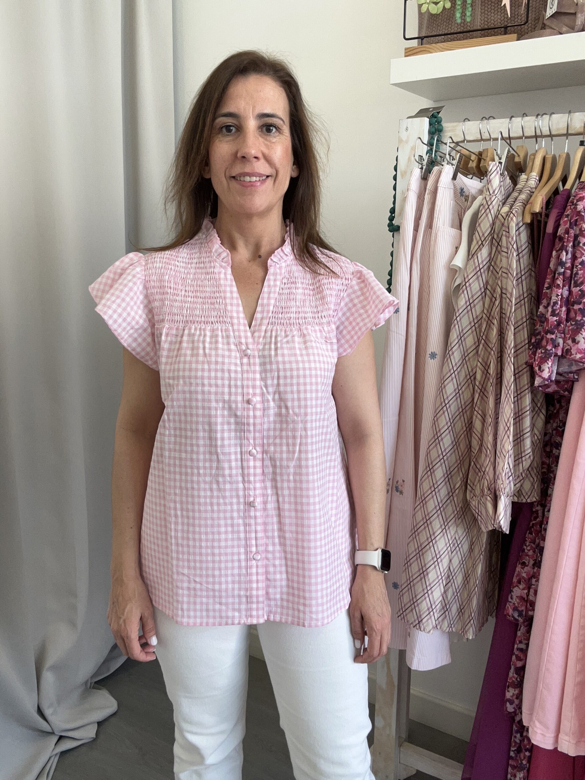 Camisa Vichy Volante Rosa